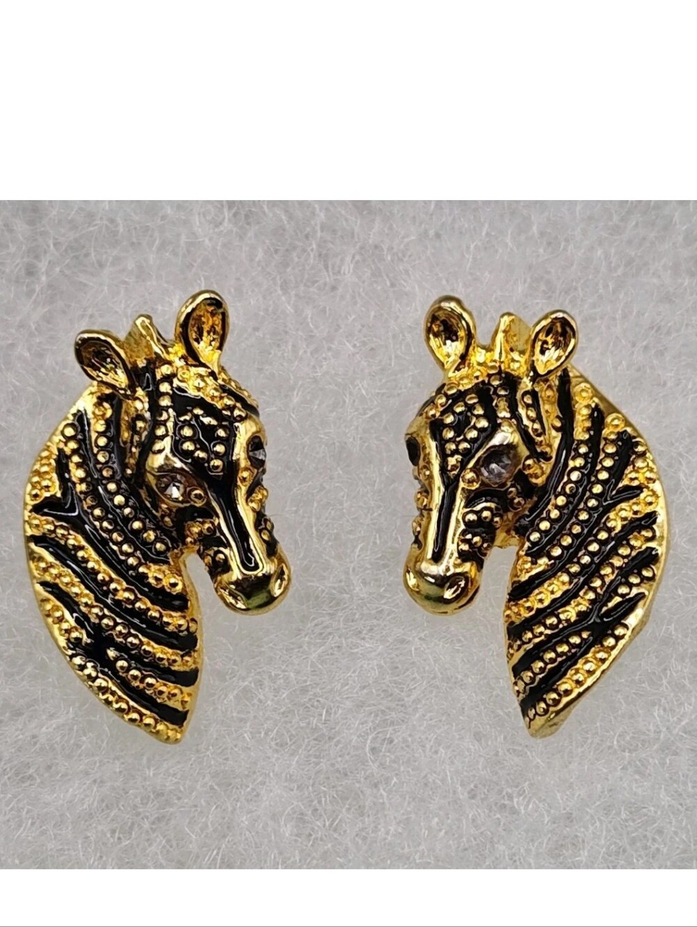 Vintage Safari Zebra Head Earrings Gold Tone Textured Black Enamel Rhinestones